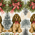Festive watercolor Christmas pattern featuring Cocker Spaniel dogs, holiday wreaths, and snowy pine trees.