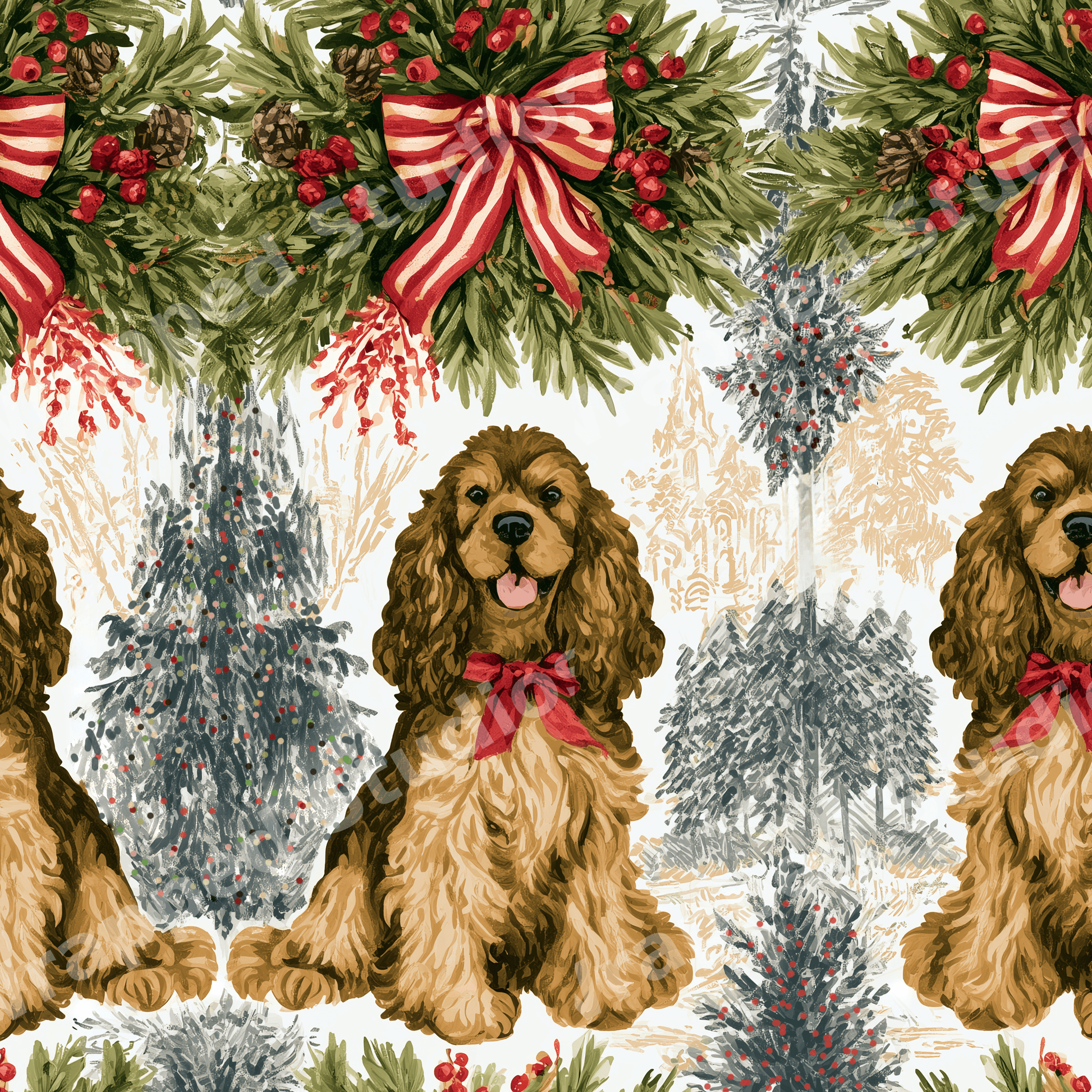 Festive watercolor Christmas pattern featuring Cocker Spaniel dogs, holiday wreaths, and snowy pine trees.