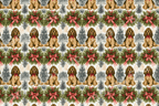 Vintage Christmas cocker spaniel pattern with pine trees and holiday wreaths with red bows.