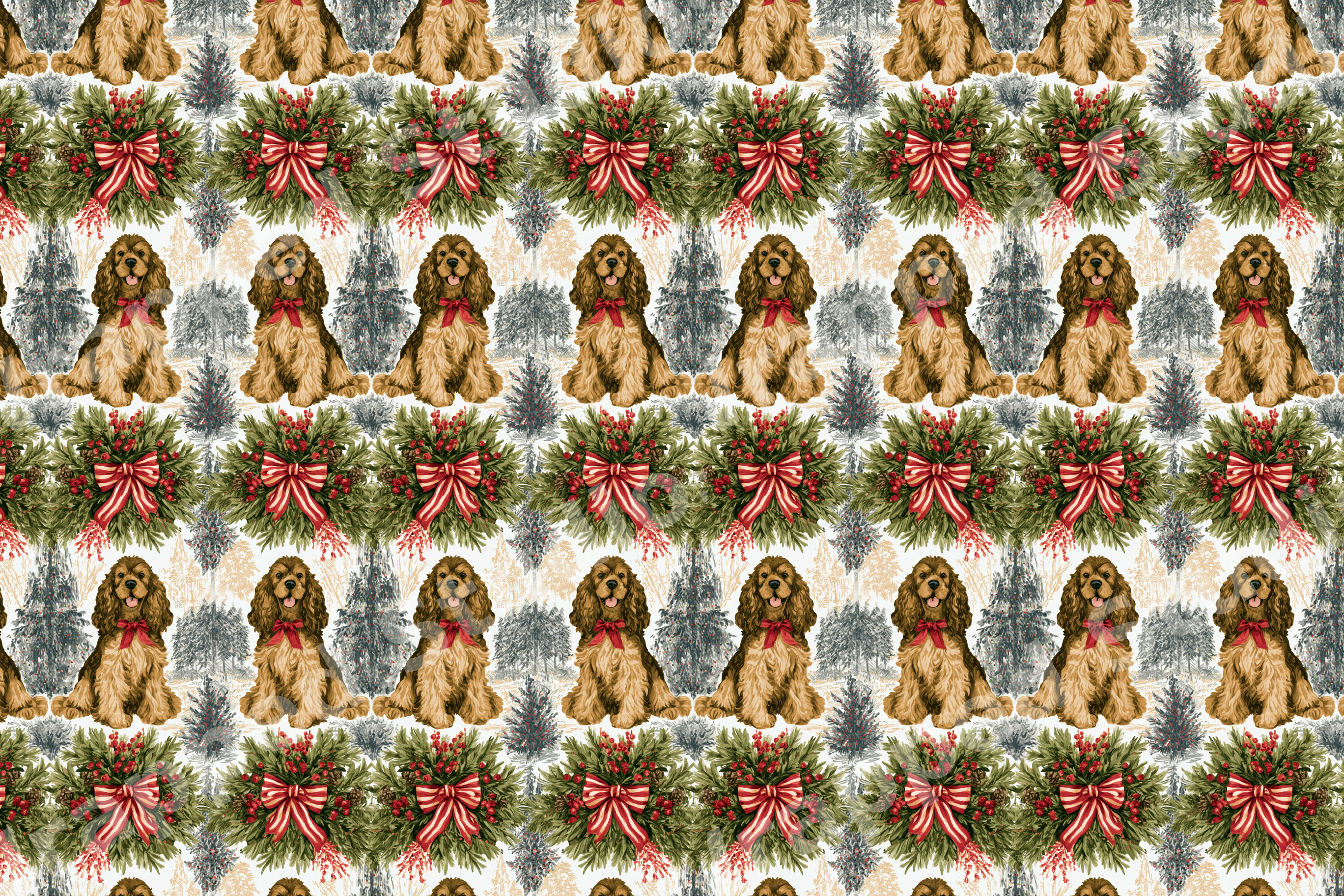 Vintage Christmas cocker spaniel pattern with pine trees and holiday wreaths with red bows.
