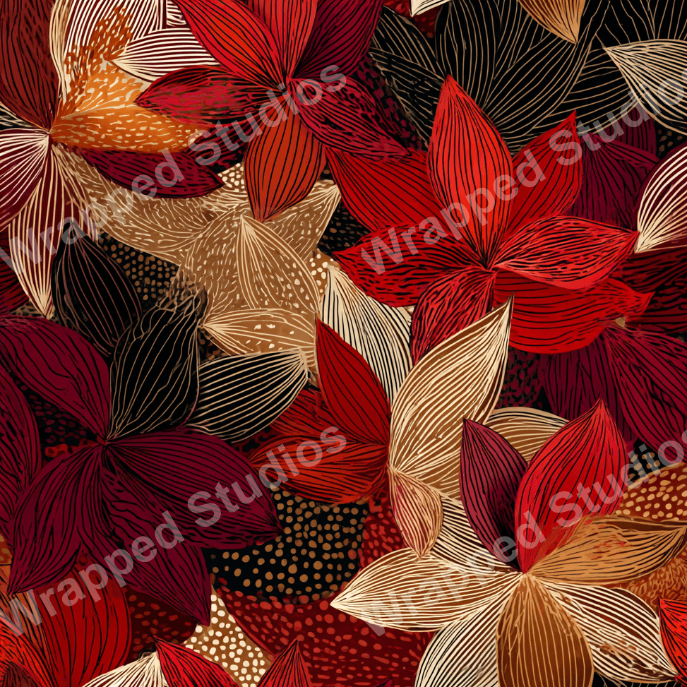 Seamless floral pattern with line-art flowers in shades of red, gold, and burgundy.