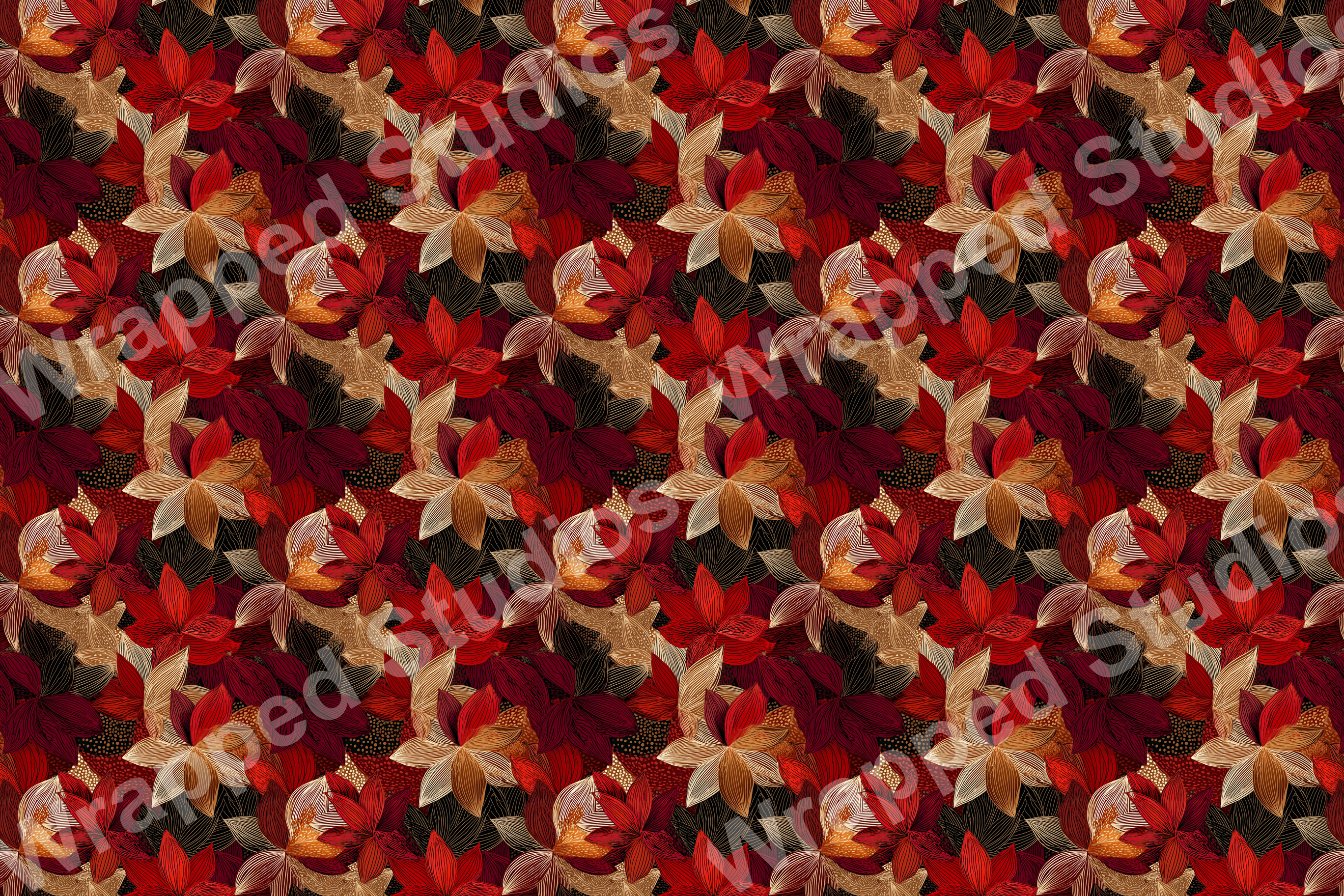 Elegant floral pattern with red, burgundy, and gold flowers and decorative line art accents.
