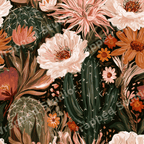 Vintage desert botanical pattern with green cacti and blooming wildflowers in terracotta and dusty pink.