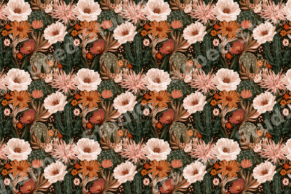 Vintage botanical cactus floral pattern with desert blooms in terracotta, sage green, and blush pink.