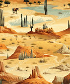 Seamless desert landscape pattern with cacti, mesas, and horse motifs in warm, earthy tones.