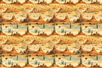 Seamless desert pattern with cacti, mesas, horses, and pools of water in warm shades of tan and orange.