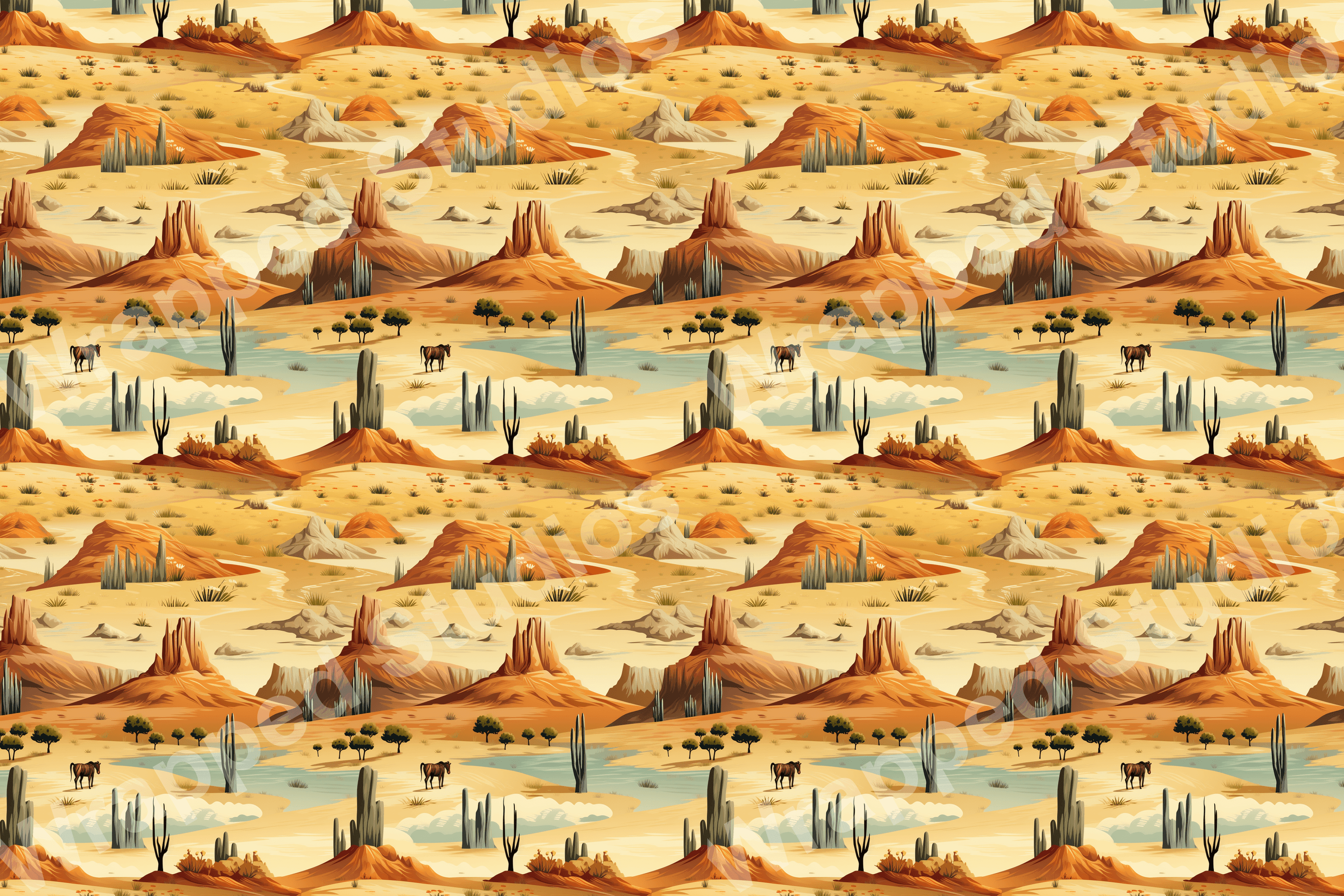 Seamless desert pattern with cacti, mesas, horses, and pools of water in warm shades of tan and orange.