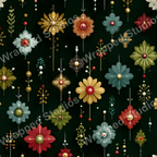 Elegant vintage floral pattern with jewel-toned geometric flowers on a dark green background.
