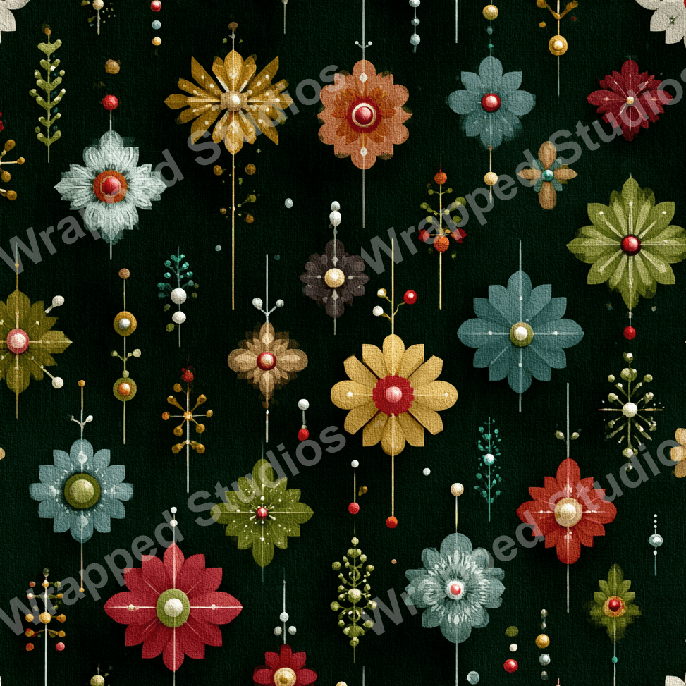 Elegant vintage floral pattern with jewel-toned geometric flowers on a dark green background.