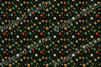 A retro floral pattern with red, yellow, teal, and green flowers on a dark backdrop.
