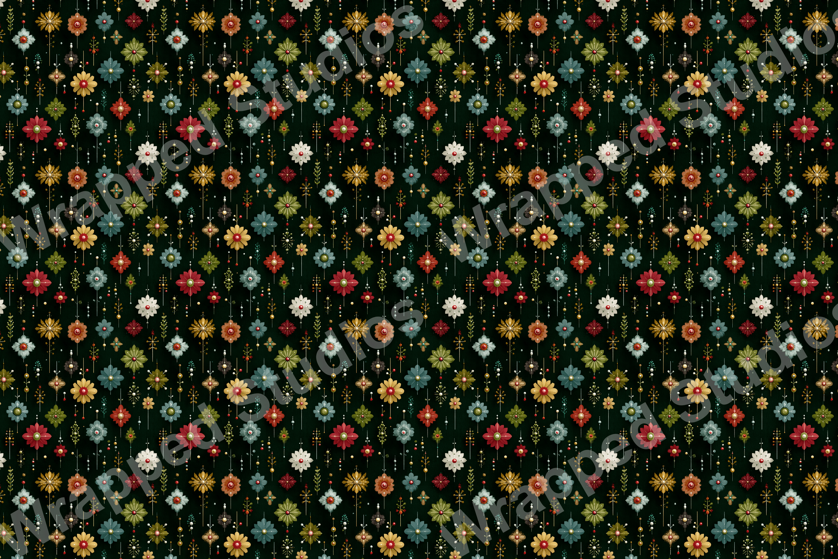 A retro floral pattern with red, yellow, teal, and green flowers on a dark backdrop.