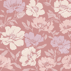 Elegant vintage floral pattern with blush, lavender, and cream-colored blooms and foliage on a rose background.
