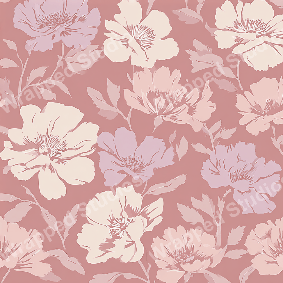 Elegant vintage floral pattern with blush, lavender, and cream-colored blooms and foliage on a rose background.