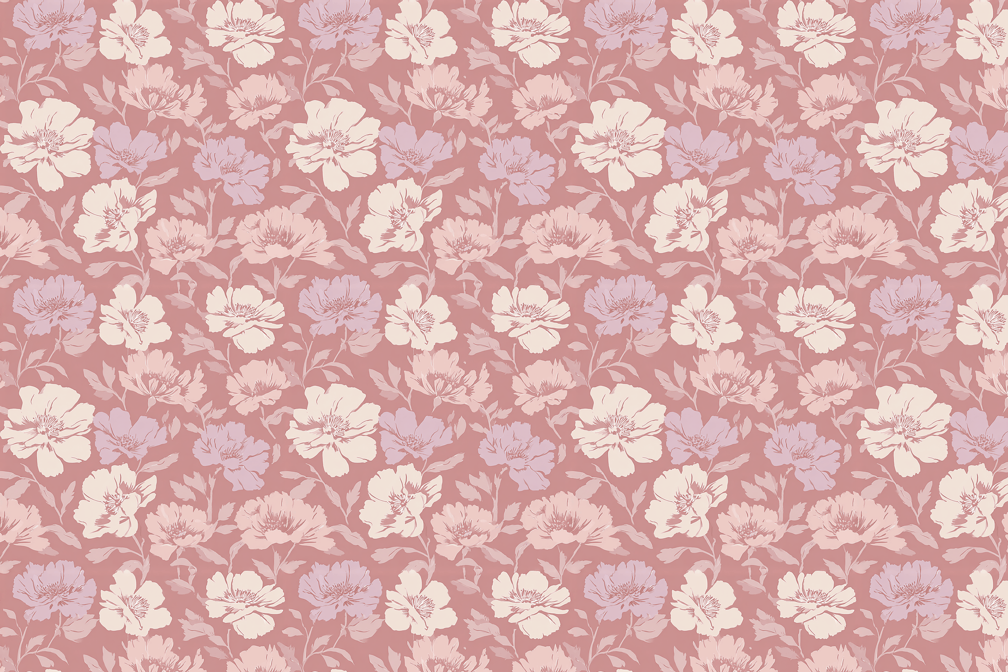 Pattern of flowers on a pink background. Wrapped Studios wrapping paper