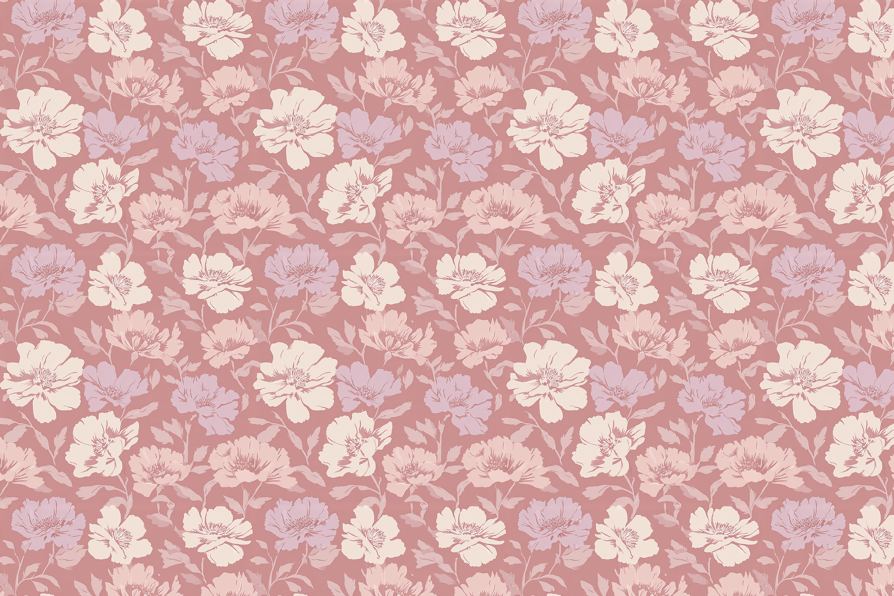 Pattern of flowers on a pink background. Wrapped Studios wrapping paper