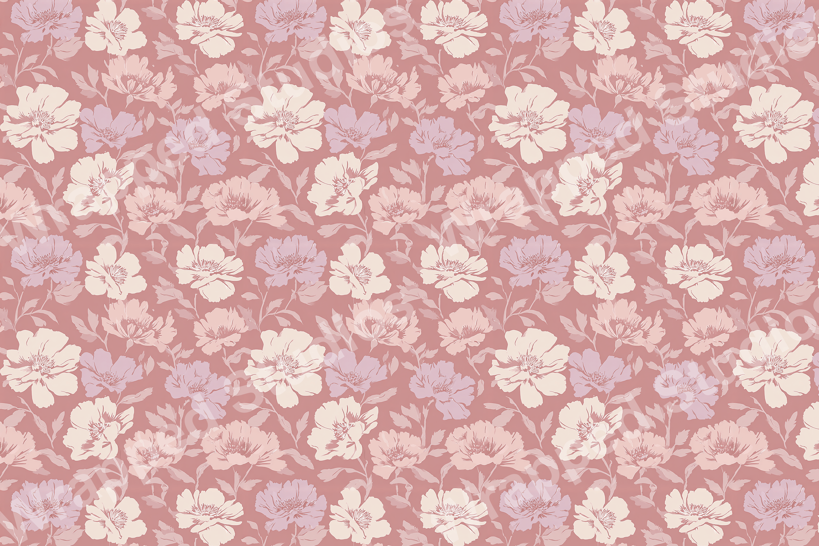 Dusty rose floral pattern with large peony blossoms in muted lilac, blush, and cream hues.