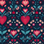 Folk art floral pattern with large red hearts and stylized teal botanicals on a dark navy background.