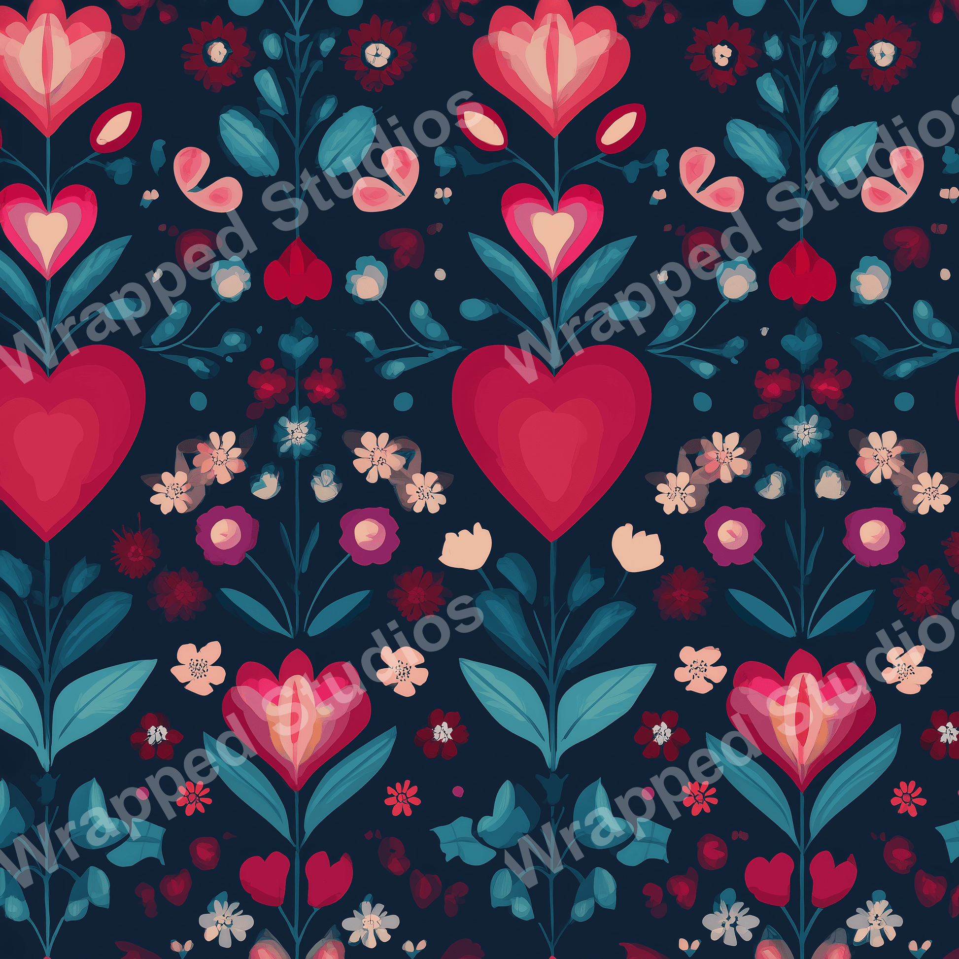 Folk art floral pattern with large red hearts and stylized teal botanicals on a dark navy background.