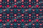 Folk art floral pattern with red hearts, pink blossoms, and teal leaves on a dark blue background.