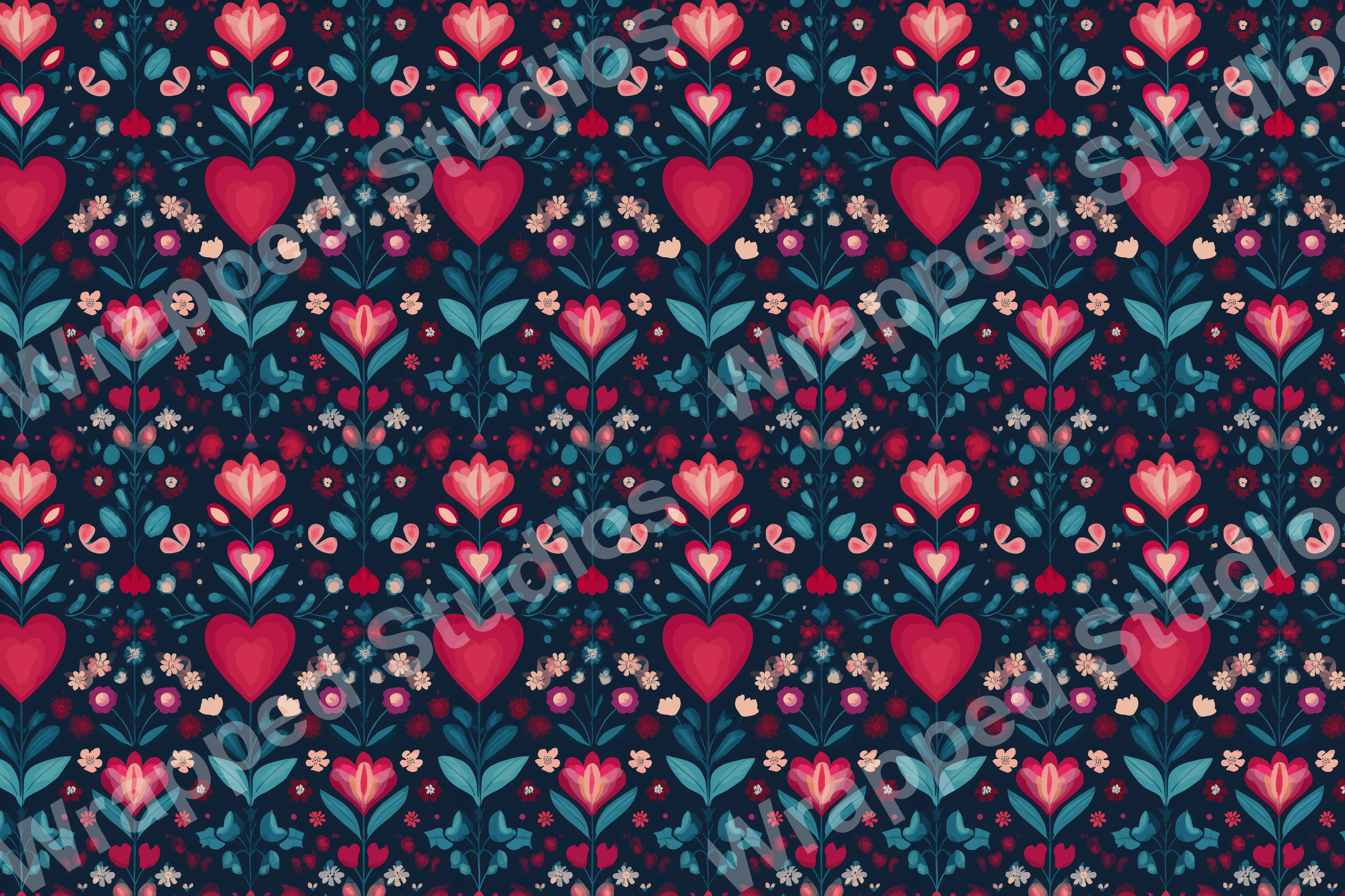Folk art floral pattern with red hearts, pink blossoms, and teal leaves on a dark blue background.