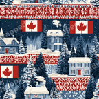 Cozy Canadian winter pattern with snowy cabins, pine trees, flags, and red fair isle knit details.