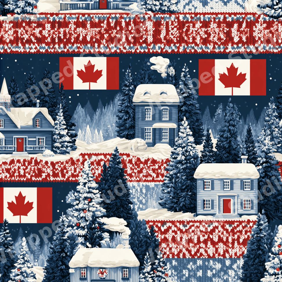 Cozy Canadian winter pattern with snowy cabins, pine trees, flags, and red fair isle knit details.
