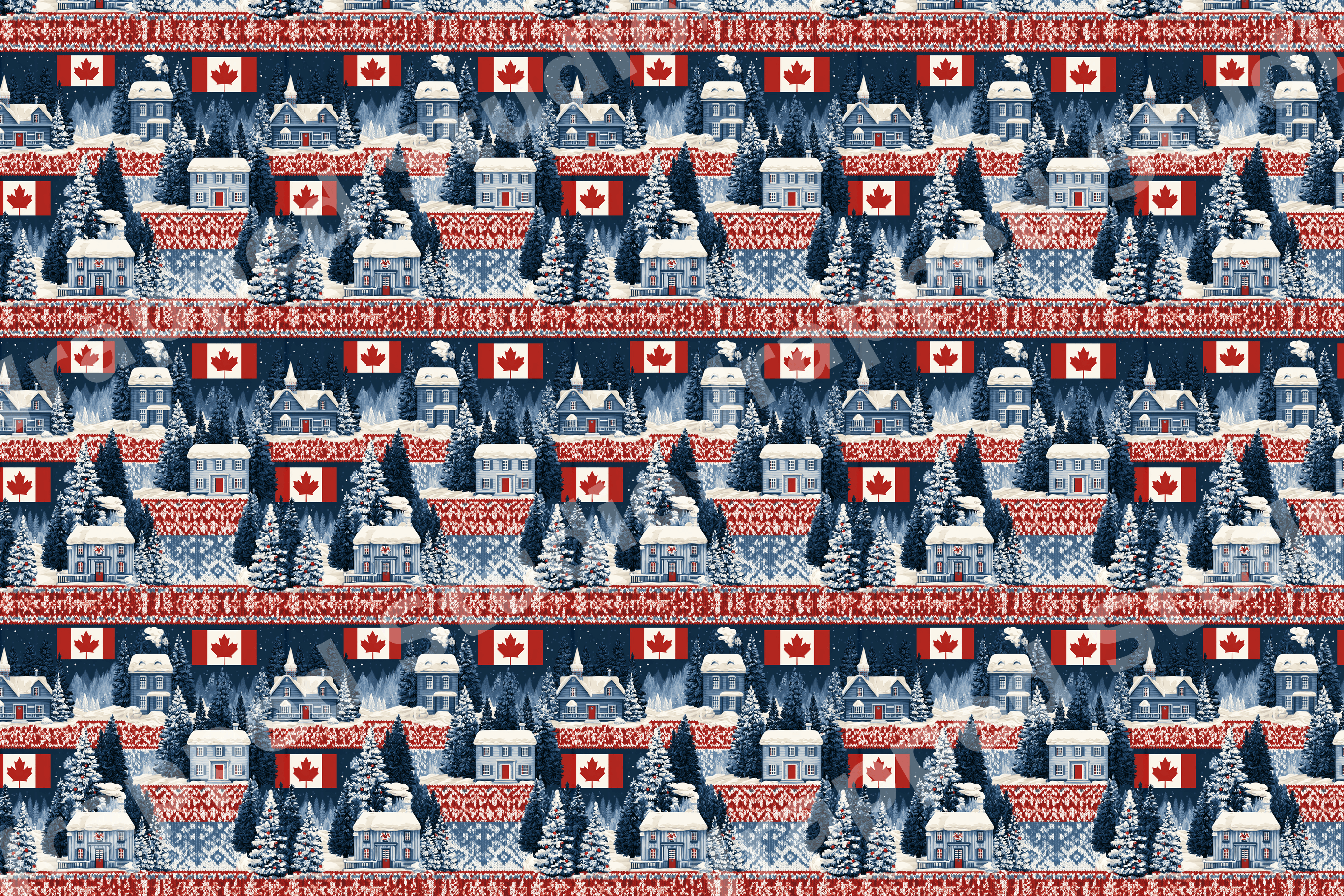 Canadian winter pattern featuring snowy cabins, pine trees, maple leaf flags, and red fair isle knit details.