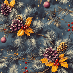 Elegant Christmas design with pine branches, pinecones, holly, and ornaments on a dark blue backdrop.