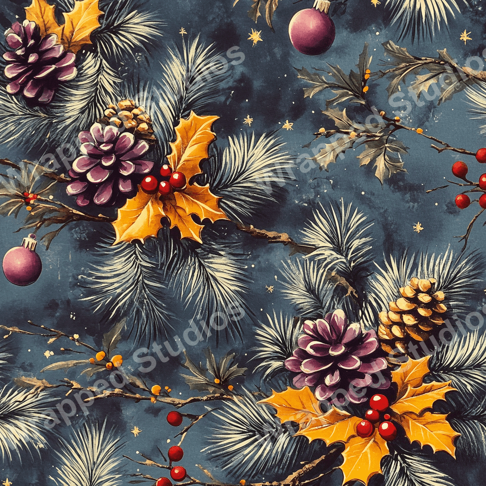 Elegant Christmas design with pine branches, pinecones, holly, and ornaments on a dark blue backdrop.