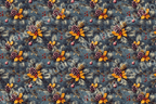 Vintage botanical design with pinecones, holly leaves and berries on a navy background.