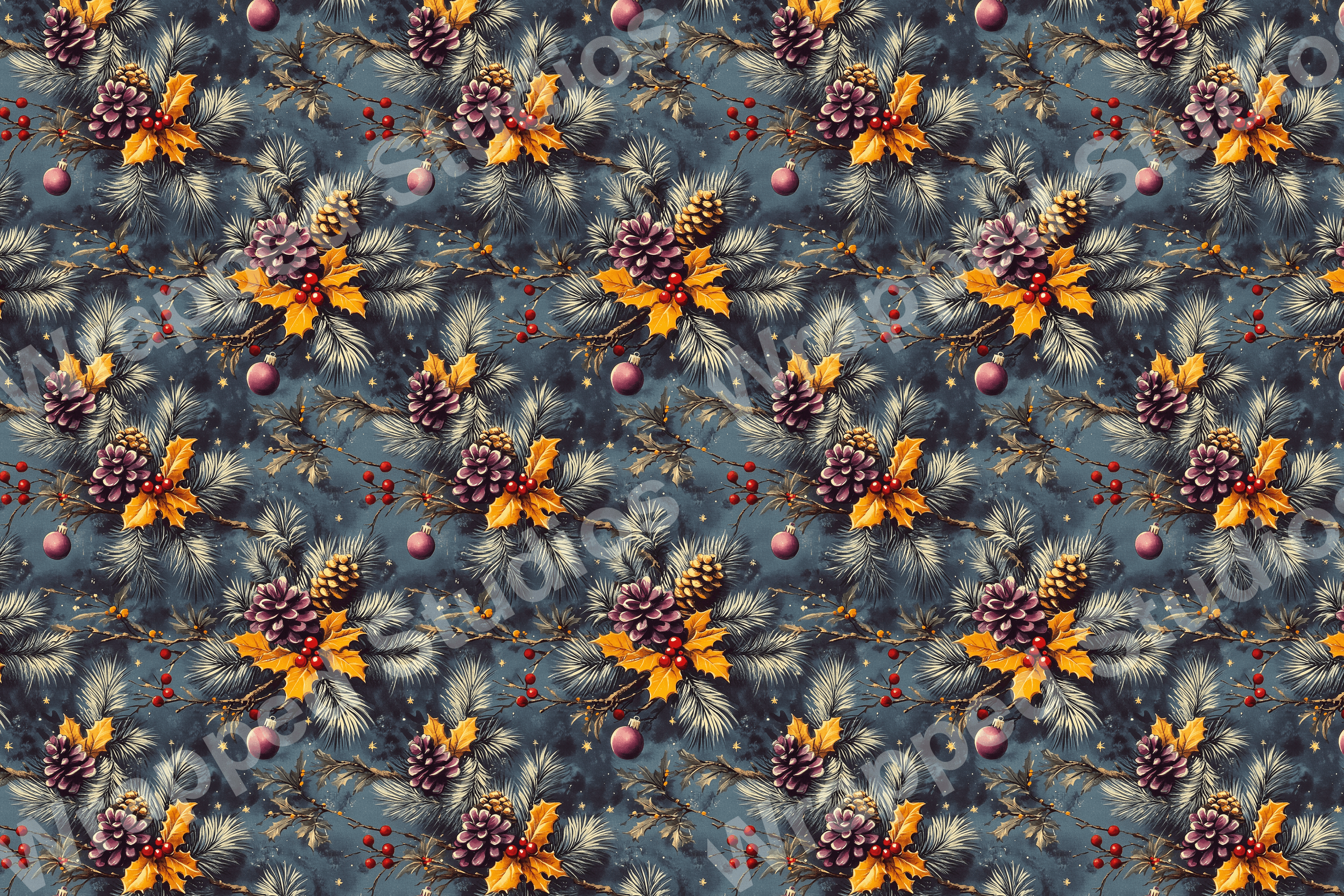 Vintage botanical design with pinecones, holly leaves and berries on a navy background.