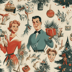 Vintage 1950s Christmas pattern with retro holiday illustrations of a smiling couple, pine trees, and ornaments.