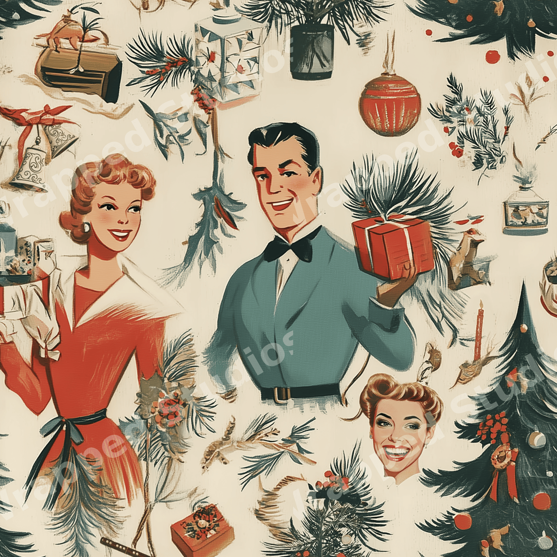 Vintage 1950s Christmas pattern with retro holiday illustrations of a smiling couple, pine trees, and ornaments.