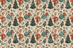 Vintage mid-century Christmas pattern with retro holiday illustrations of couples and trees.