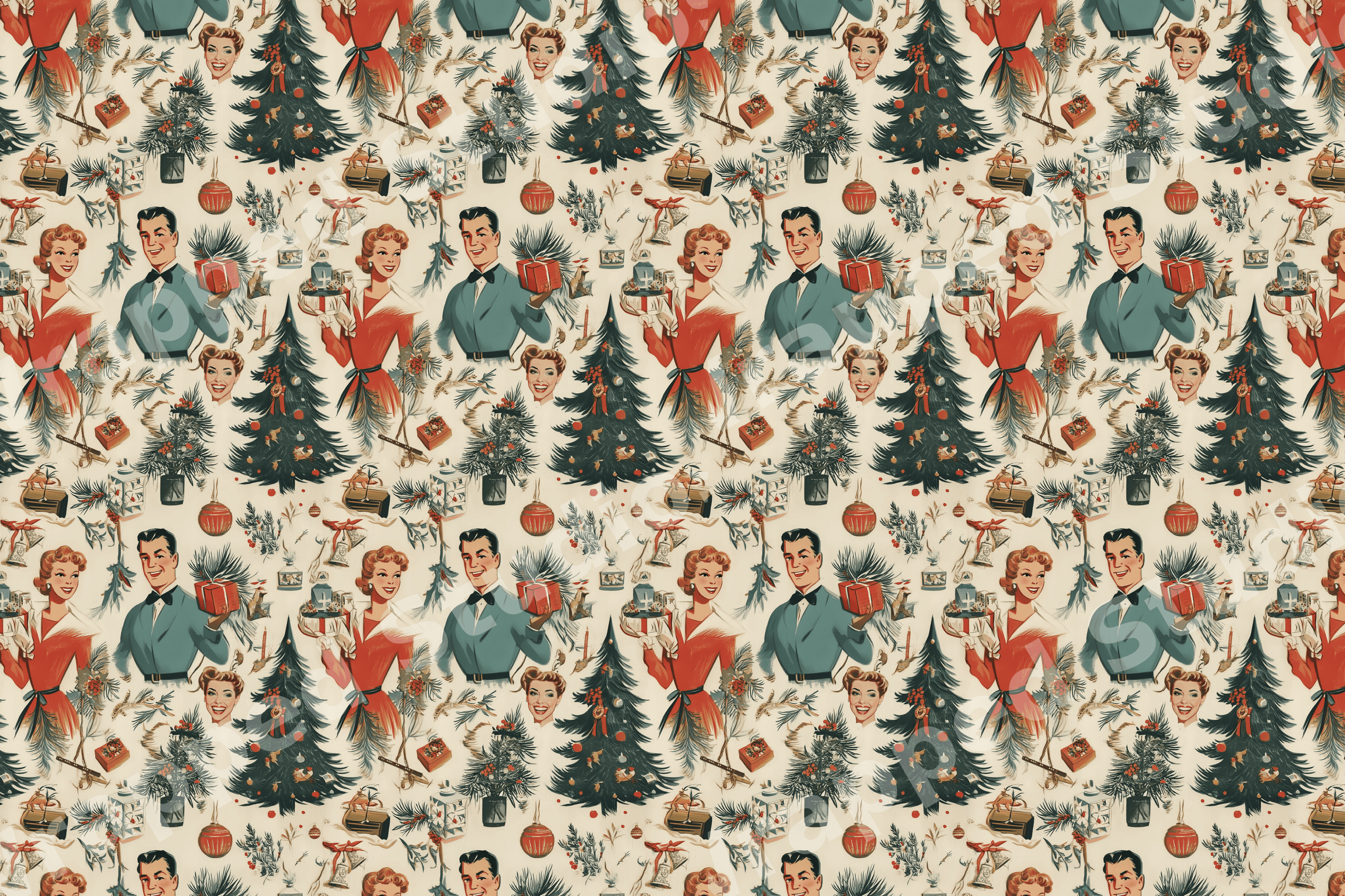 Vintage mid-century Christmas pattern with retro holiday illustrations of couples and trees.