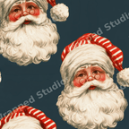 Vintage Santa Claus seamless pattern with retro Christmas illustrations on a dark teal background.