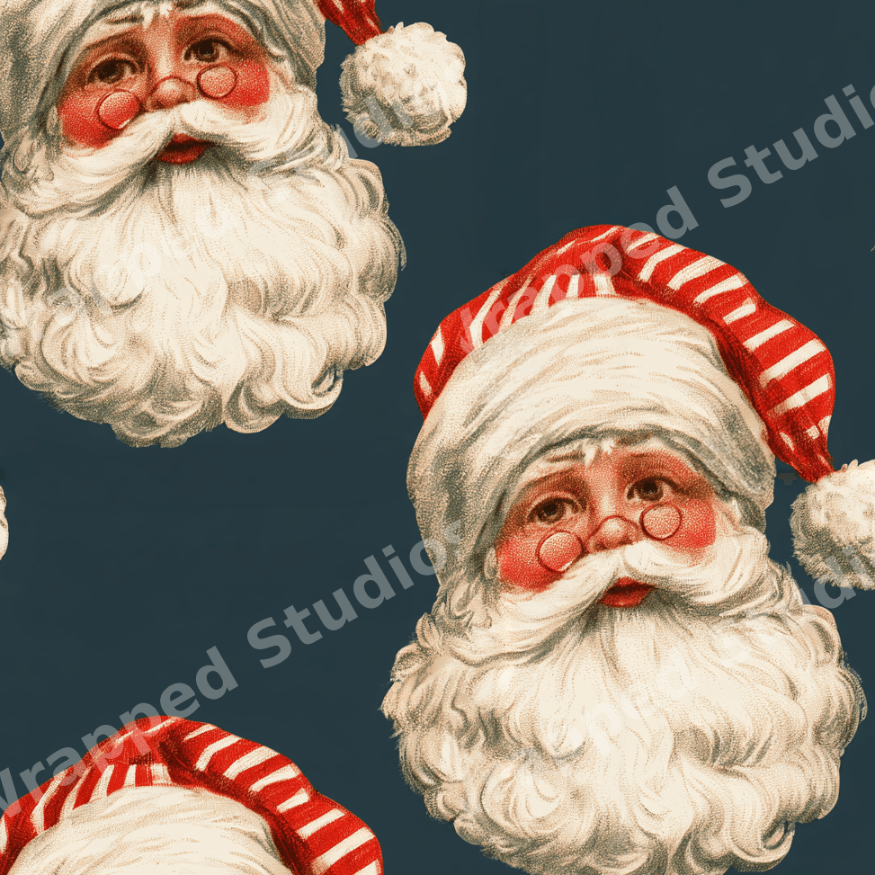 Vintage Santa Claus seamless pattern with retro Christmas illustrations on a dark teal background.