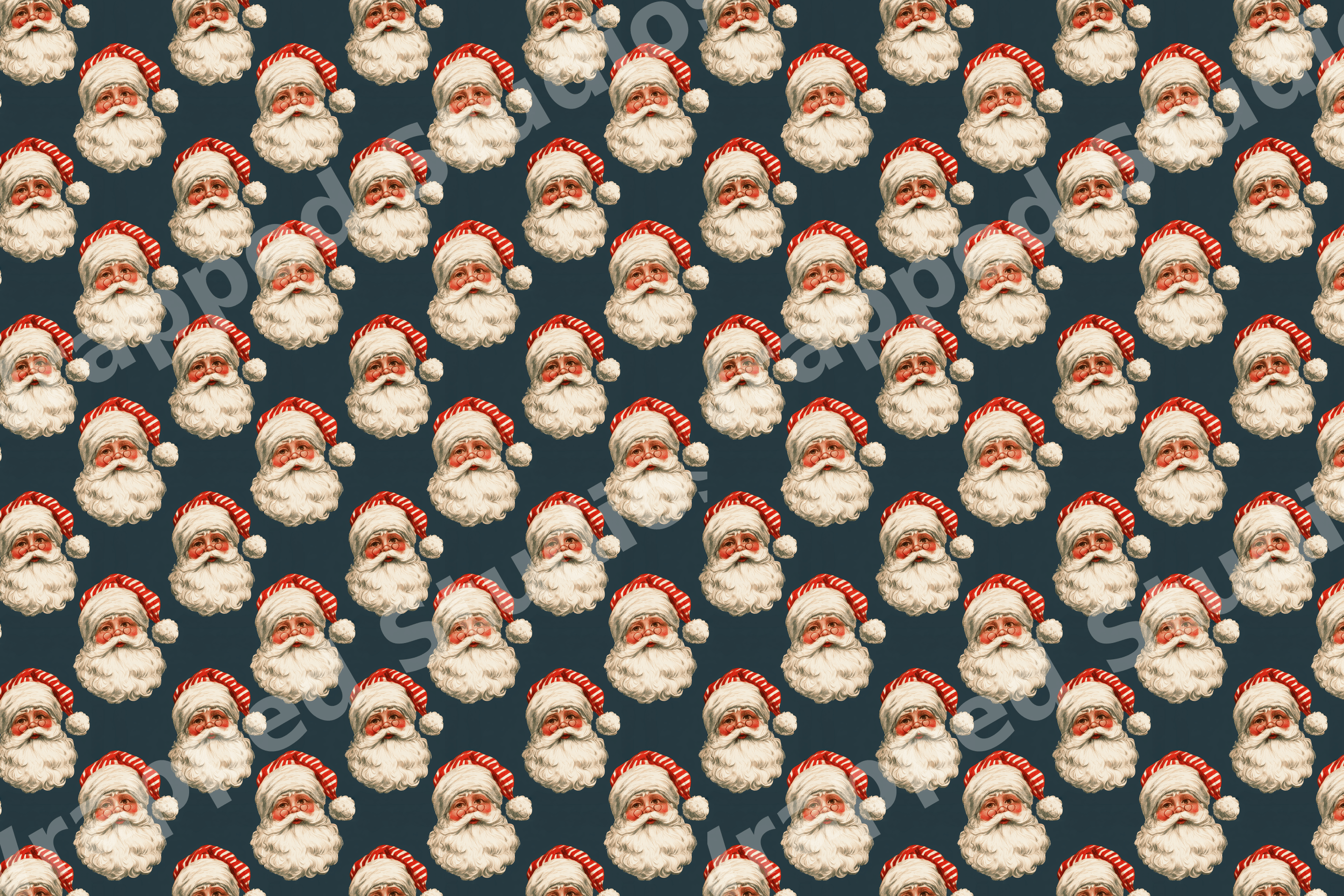 Vintage Christmas pattern featuring repeating retro Santa Claus faces on a dark blue background.