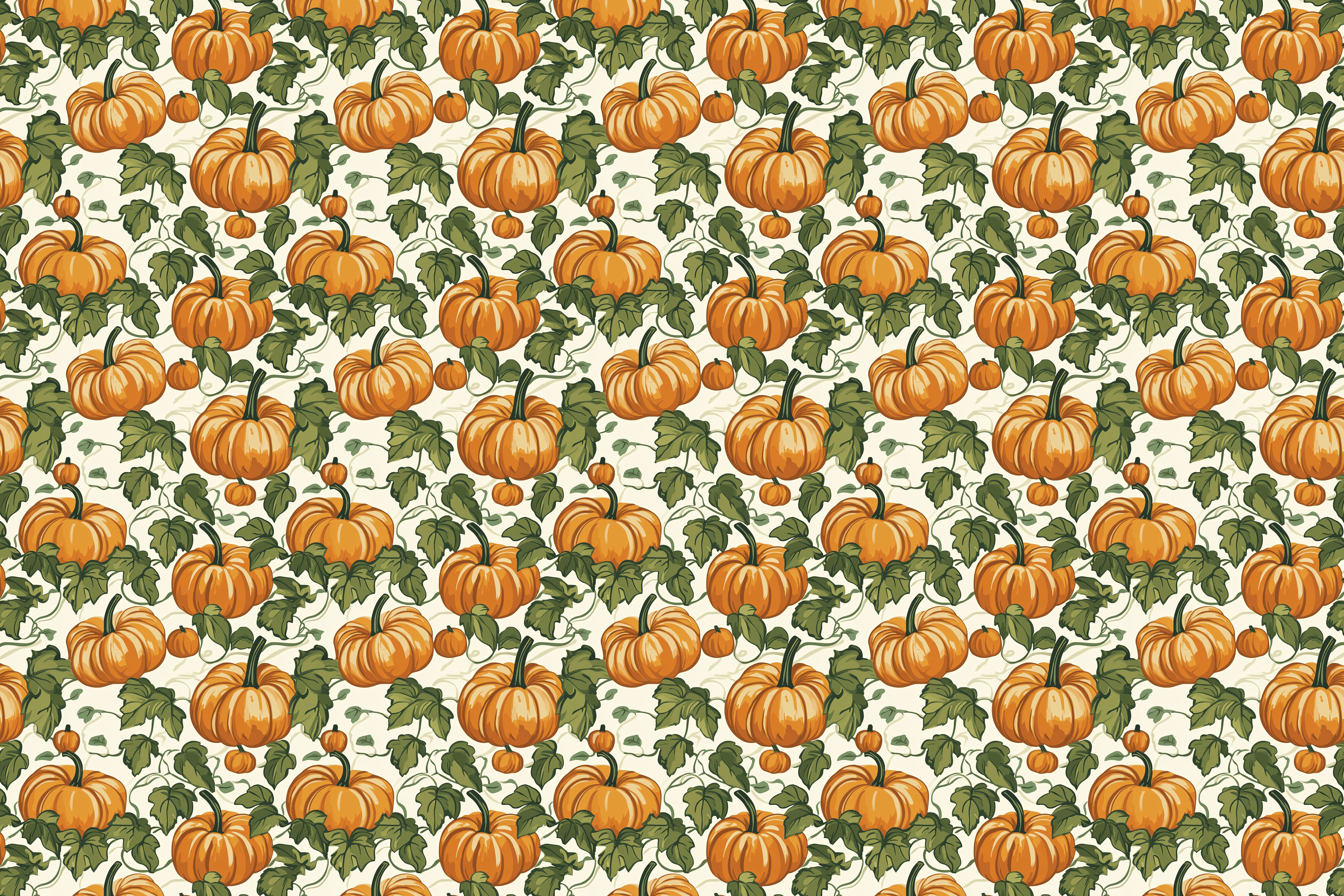 Pattern of pumpkins and leaves on a beige background. Wrapped Studios wrapping paper.