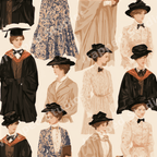 Vintage illustration pattern of Victorian women in academic graduation gowns and elegant dresses.