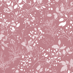Delicate floral pattern with white botanical elements on a muted rose background.