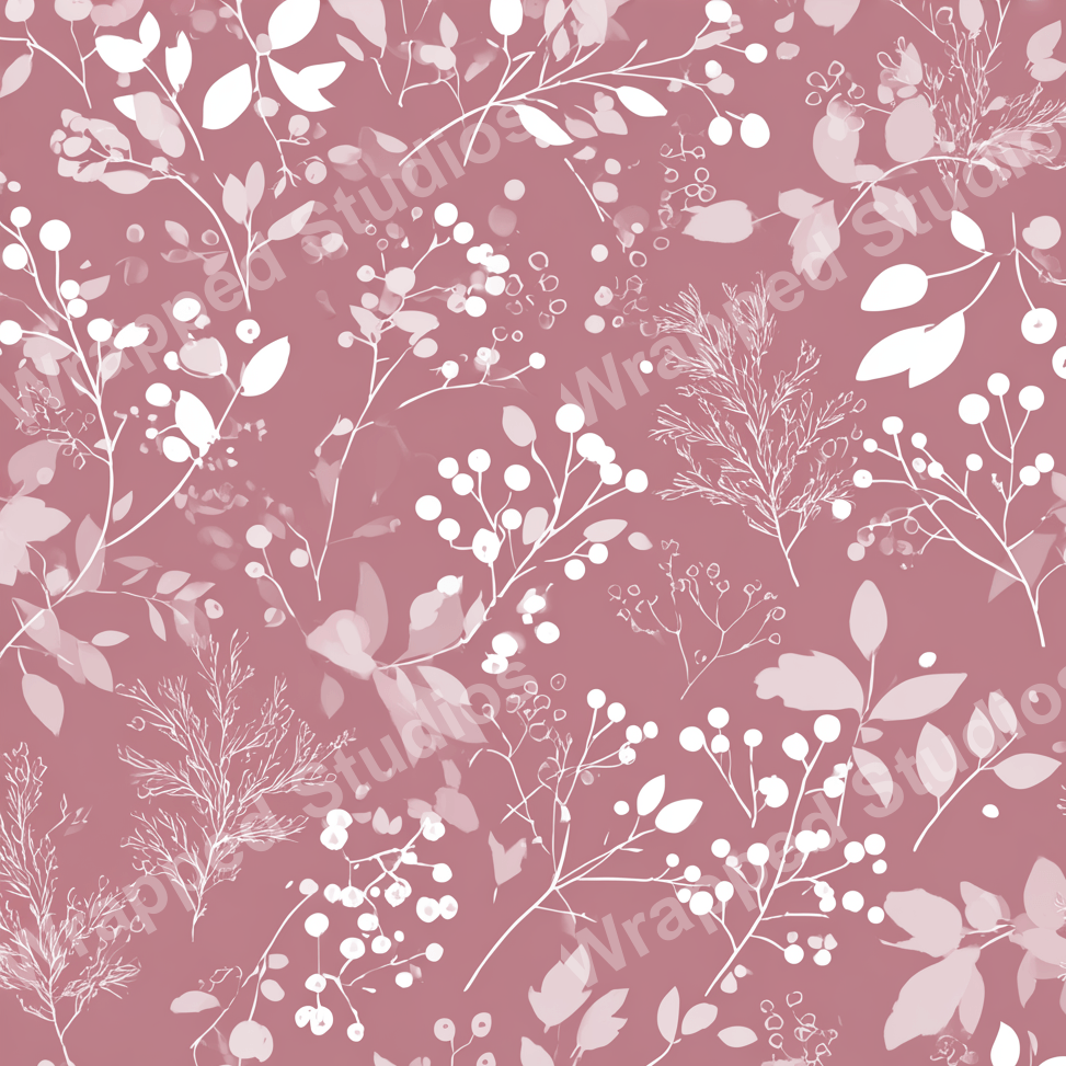 Delicate floral pattern with white botanical elements on a muted rose background.