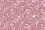 Delicate pink and white floral pattern with botanical leaf and berry motifs.