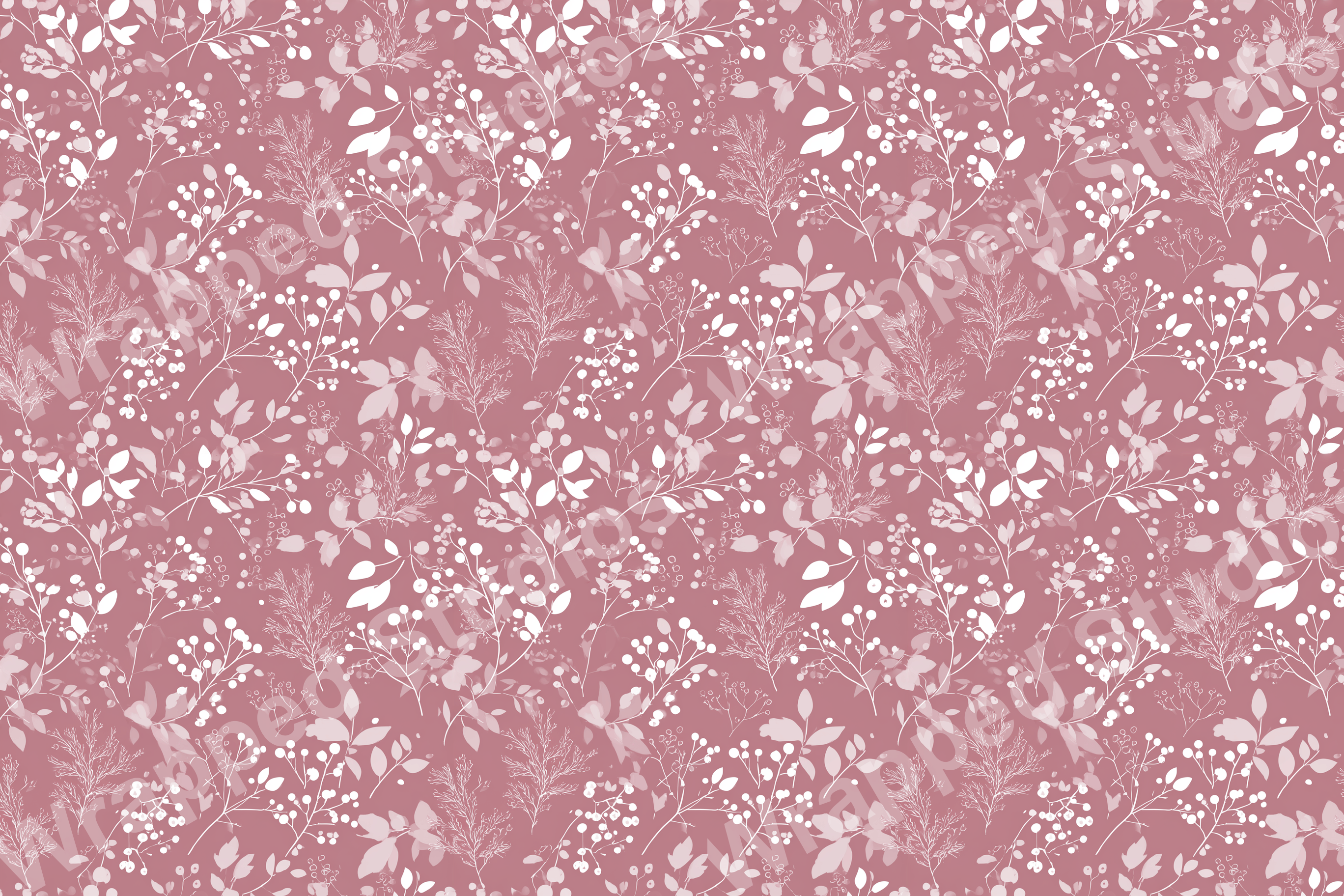 Delicate pink and white floral pattern with botanical leaf and berry motifs.