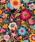 Vibrant vintage botanical design with colorful folk art flowers on a black background.