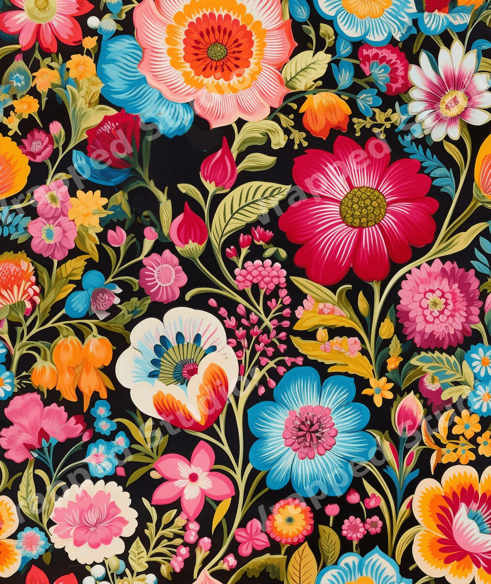 Vibrant vintage botanical design with colorful folk art flowers on a black background.