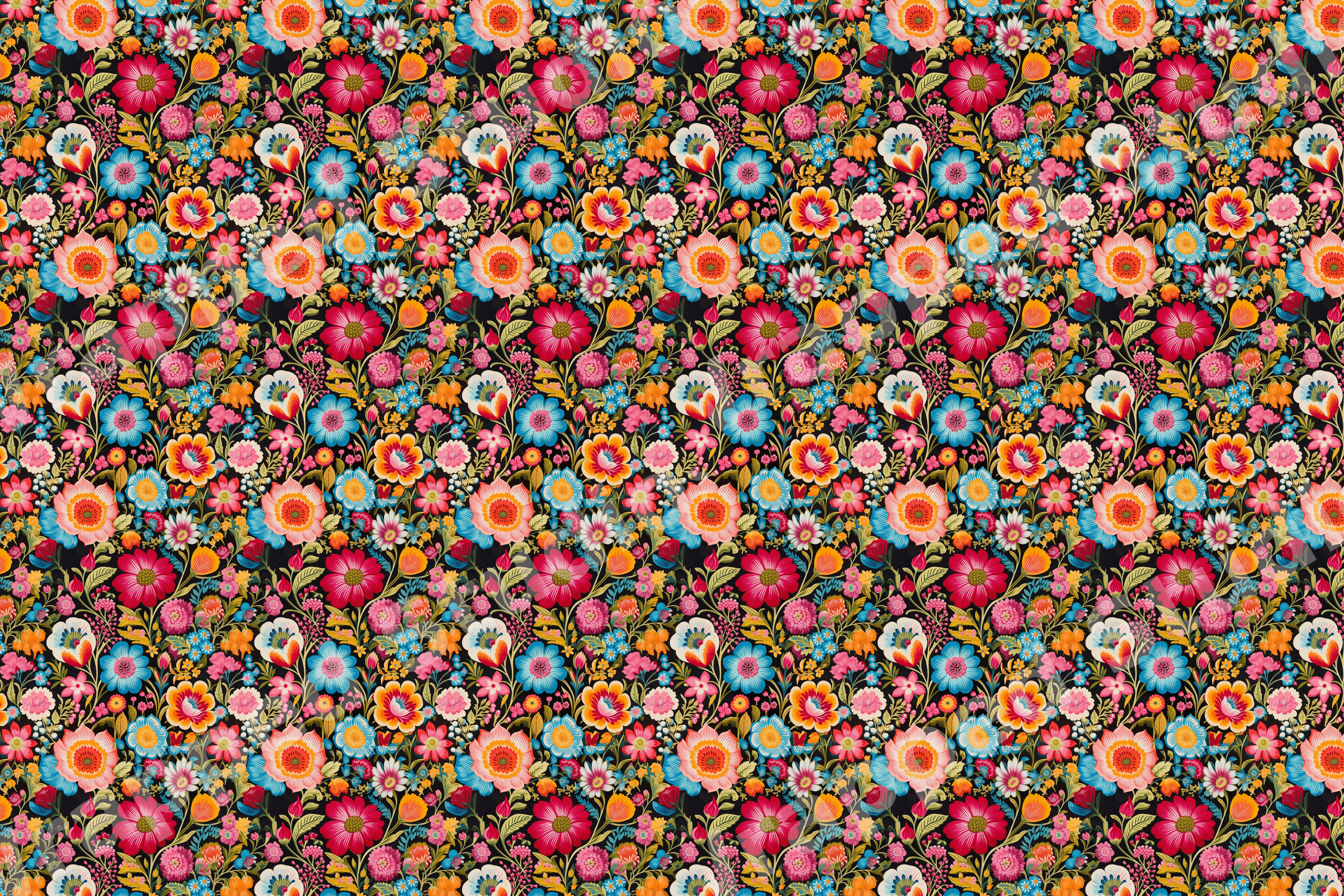 Vibrant folk art floral pattern with colorful pink, blue, and orange blossoms on a black background.
