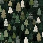 Seamless woodland pine tree pattern with hand-drawn evergreen trees in shades of green, beige, and cream.