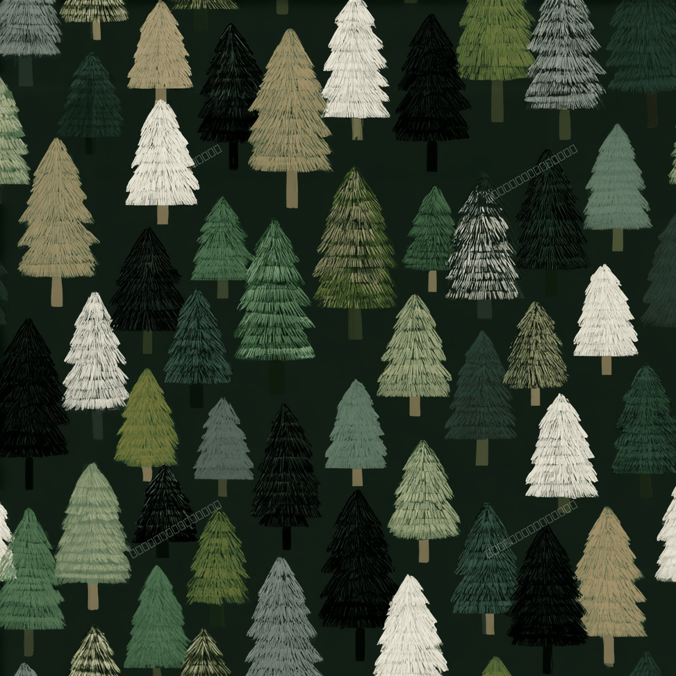 Seamless woodland pine tree pattern with hand-drawn evergreen trees in shades of green, beige, and cream.