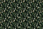 Seamless evergreen forest pattern with hand-drawn pine trees in green, cream, and white on a dark background.